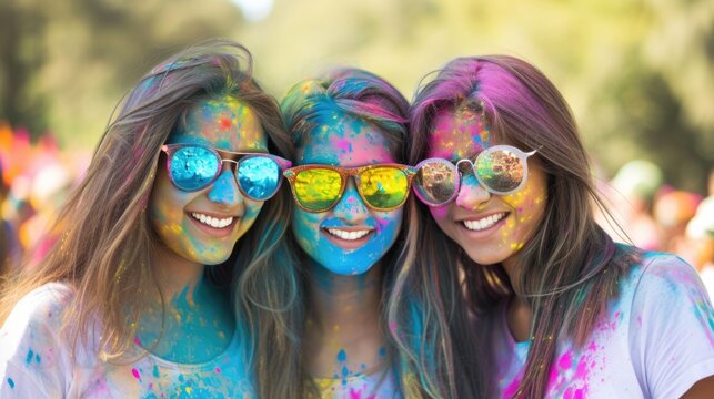 Three women having a colorful and fun time at a party. Fictional character created by Generated AI. 