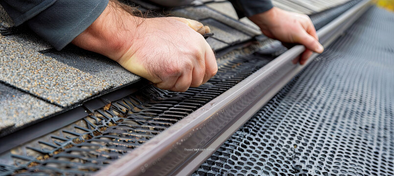Contractor Adjusting Plastic Gutter Guards on house roof