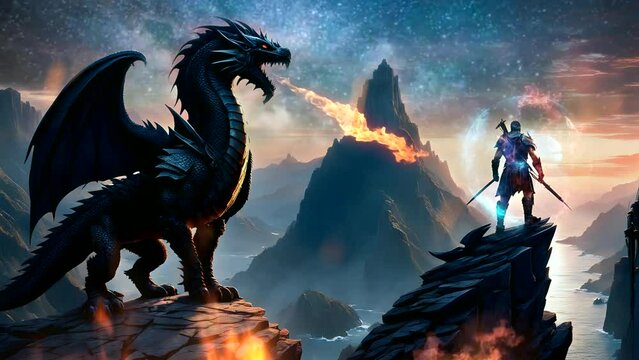 Black dragon versus warrior in the volcano mountains. Seamless looping time-lapse 4k video animation background