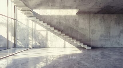 Interior of a modern loft, wide room with stair, concrete walls