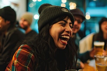 Porter of a laughing girl in a bar. The joyful face of a young woman in a cafe.