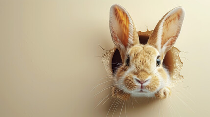 Adorable Easter bunny peeking out of a hole on a cream background