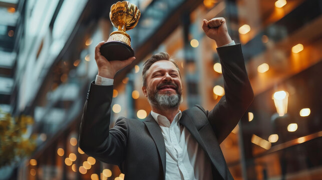 Triumphant businessman celebrates with a golden trophy outside modern office