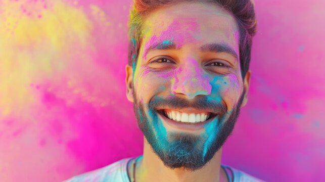 Man with colorful face paint smiling brightly. Fictional character created by Generated AI. 