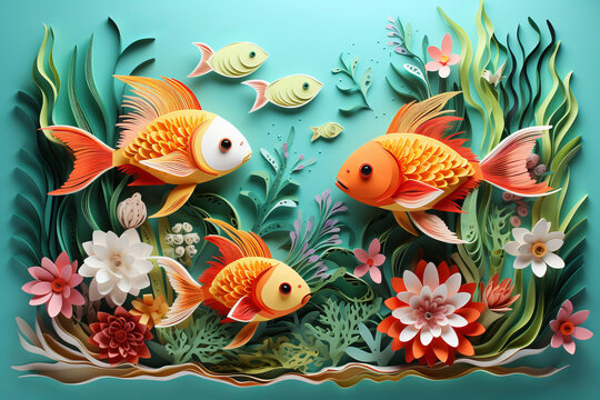 Paper cut style koi goldfish