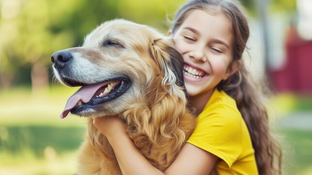 A joyful girl hugs a dog. The owner and the pet.