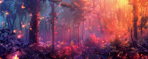 Enchanted forest on fire, fantasy landscape with magical light - obrazy, fototapety, plakaty