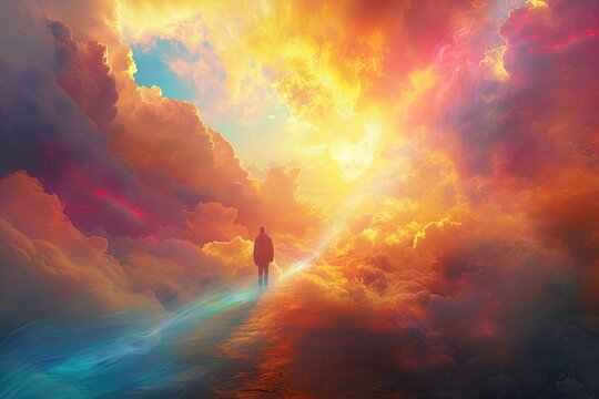 The silhouette of a man walking across the sky with clouds in the rays and the radiance of the sun. background. Copy space.