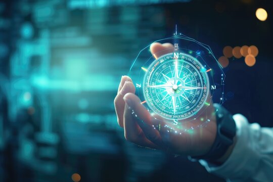 A man's hand holds a modern compass