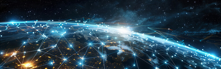 Global telecommunication network concept with glowing lines and nodes - obrazy, fototapety, plakaty