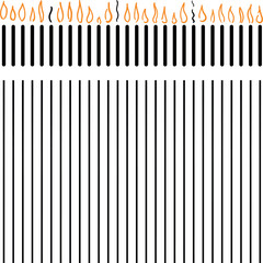 A row of burning candles with several extinct copies and vertical straight lines.