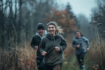 Fototapeta premium Energetic young adults enjoy a group jog in nature for fitness and health