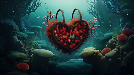 Underwater coral reef heart-shaped basket with red flowers and green plants.