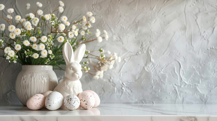 Elegant Easter setup with white bunny rabbit figurine and speckled eggs - obrazy, fototapety, plakaty