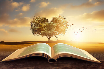 Surreal photo manipulation of a book with a heart-shaped tree made of autumn leaves against a sunset sky.