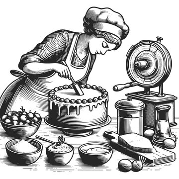 baker decorating cake, vintage style clip art preview