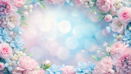 Fondo suave con flora delicada. Flores de colores sobre un fondo suave en tonalidades azules y luces bokeh. Hermosas y delicadas flores.