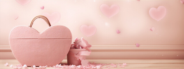 Pink heart shaped bag and pink gift box with hearts on a pink background. - obrazy, fototapety, plakaty