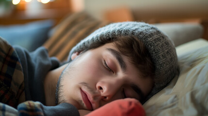 Young man sleeping peacefully in a beanie.