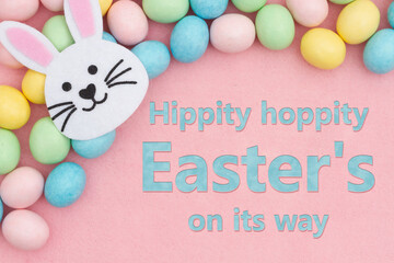  Happy Easter greeting with Easter egg with bunny rabbit on pink felt
