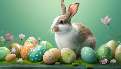 Easter day design; A cute rabbit with painted Easter eggs and flowers on pastel green background