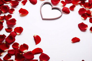 Red rose petals and a reflective heart on a white background.