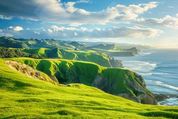  Beautiful green grassy hills with cliffs and blue ocean in New Zealand, golden hour, © Kien