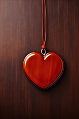 Minimalistic still life photography of a wooden heart pendant hanging on a red string against a dark wood background.