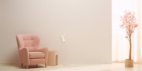 3D rendering of a pink armchair and a pink tree in a white room with a pink curtain. - obrazy, fototapety, plakaty
