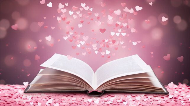 Pink hearts confetti flying from open book on pink background.