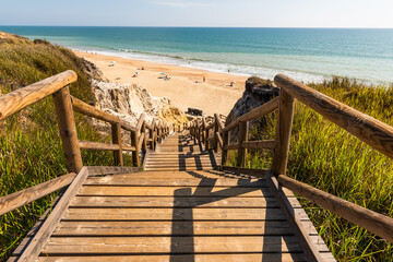 Stunning Cliffs and sandy beach at Praia da Falésia, Algarve, Portugal - obrazy, fototapety, plakaty