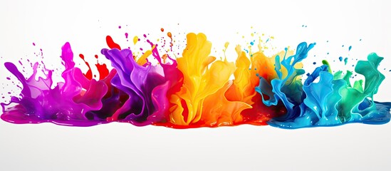 A row of colorful splashes of paint on a white background, resembling a modern art painting....