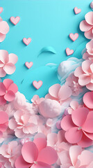 Pink and blue 3D illustration of paper flowers and hearts.