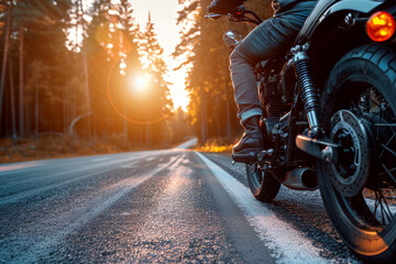 A breathtaking view of a motorcycle ride amidst a forest road as the sunset imparts a golden hour glow