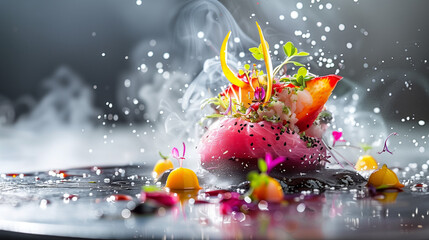 Sophisticated plating of heirloom tomato medley with balsamic pearls, mozzarella spheres, and microgreens. Studio shot with selective focus. Gourmet cuisine and artistic food presentation concept for 