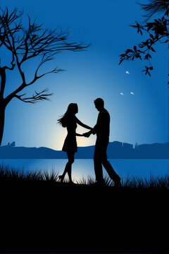 A silhouette of a couple holding hands and walking along a lake at sunset in a minimalist style with a blue background.