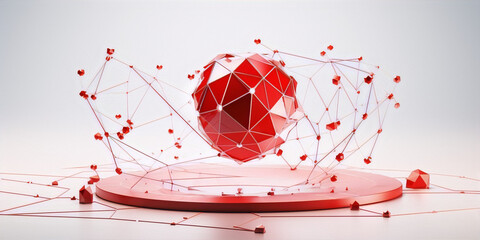 3D rendering of a red geometric sphere on a podium with red network connections on a white background.