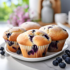 Close up of blueberry muffins on kitchen table, blurry bright background 