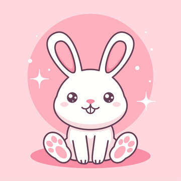 White kawaii bunny on pink background. Vector cute animal character.