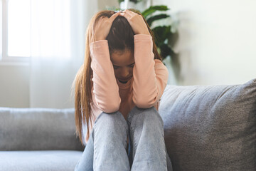 Sad, unhappy. Alone asian young woman, girl expression face thinking about problem, difficulty,...