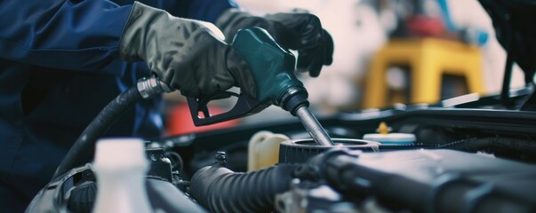 Fototapeta na wymiar Car mechanic hands changing the fuel filter in garage