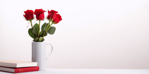 Still life of red roses in a white vase with books on a white table with a white background