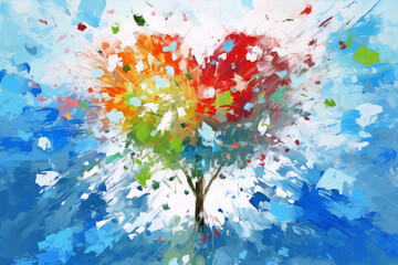 Colorful tree with blue background, painted with bright acrylic colors.