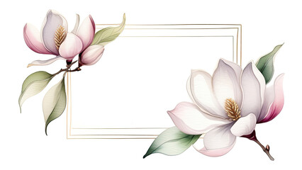 magnolia blossom copy space frame isolated on white background, Botanical herbal watercolor illustration for wedding, greeting card, wallpaper, wrapping paper design, textile, scrapbooking