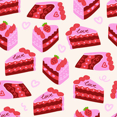 Seamless pattern of pink pieces of cakes with strawberries and word love. Vector flat background. Birthday holiday concept. Red velvet bento cake	