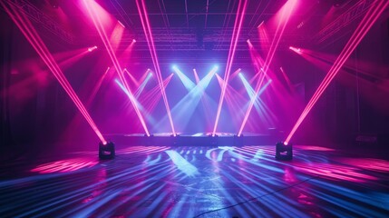 Fototapeta na wymiar Background of empty stage show. Neon light and laser show.