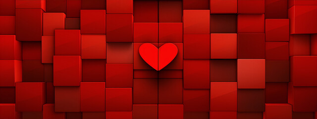 3D illustration of a red heart on a red background of randomly sized cubes. - obrazy, fototapety, plakaty