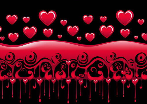 Red and pink heart shapes with black flowing shapes on a black background.