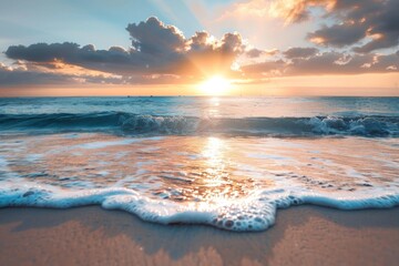 Serene seascape with warm sunlight casting golden hues over the water, waves gently lapping at the shore, peaceful
