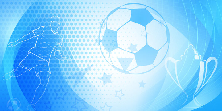Football themed background in blue tones with abstract dots, lines and curves, with sport symbols such as a football player, ball and cup